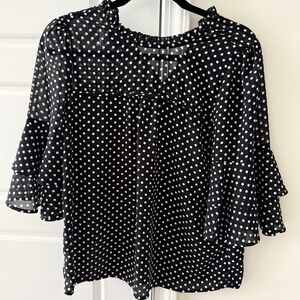 Monteau Black Polka Dot Flowy Top Layered Short Sleeves Small Workwear Spring